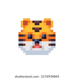 Tiger head. Pixel art icon. African, indian animal. Logo, sticker design. Isolated vector illustration.