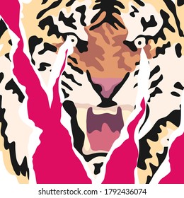 Tiger head placard. Grunge style torn pieces of poster. Creative artwork. Vector illustration. 