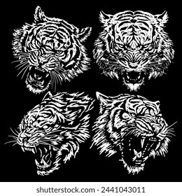 cabeza de tigre crudo vector blanco y negro