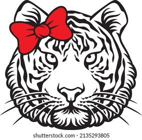 Tiger head with red bow vector illustration