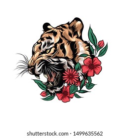 Tiger head with red flowers on a white background