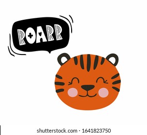Tiger head and roar in bubbles, scandinavian style text, poster for nursery. Vector illustration isolated. Children's illustrations for children's clothing, cards, shells.