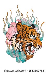 Tiger head in roar with lotus flower decorate with cloud or smoke design with oriental  Japanese color tattoo style vector 