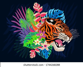 Cabeza de tigre ruge gato salvaje en la colorida jungla. Dibujo de fondo de hojas tropicales con selva tropical. Ilustración de caracteres vectoriales dibujados a mano de tigres