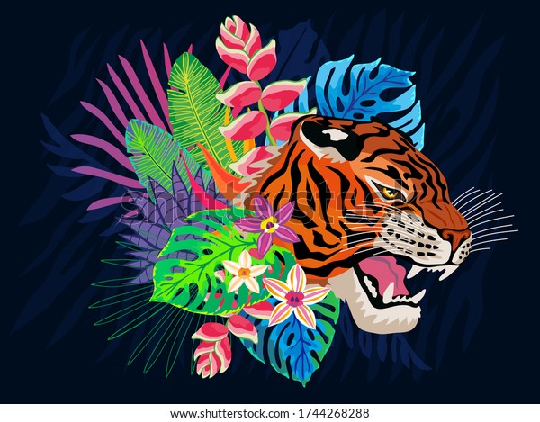 虎の頭はカラフルなジャングルの中で野猫を吠える 熱帯の葉の背景に雨林 虎縞手描きのベクター画像イラスト のベクター画像素材 ロイヤリティフリー