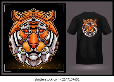 Tiger head robot mascot. esport logo design with t-shirt preview