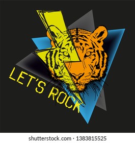 Tiger head rock music prints design for t-shirts. Vector image