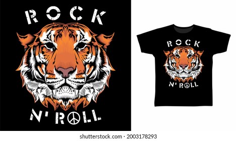 Tiger Head Rock N' Roll vector illustration t-shirt design concept.