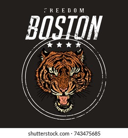 Tiger head with rock and roll slogan. Freedom Boston  slogan. Typography graphic print, fashion drawing for t-shirts .Vector stickers,print, patches vintage rock style