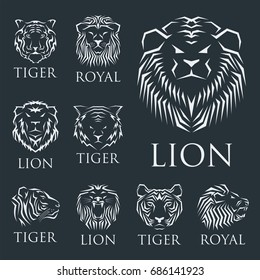 Tiger head royal badge with beautiful animal vector hand drawn lion face illustration.