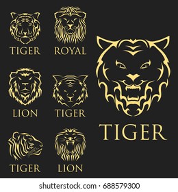Tiger head royal badge with beautiful animal vector hand drawn lion face illustration.