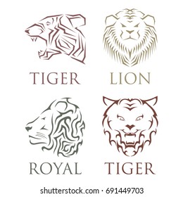 Tiger head royal badge with beautiful animal vector hand drawn lion face illustration.