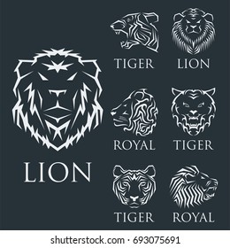 Tiger head royal badge with beautiful animal vector hand drawn lion face illustration.