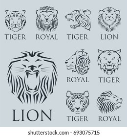 Tiger head royal badge with beautiful animal vector hand drawn lion face illustration.