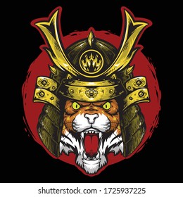 tiger head samurai with red background logo mascot design vector