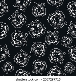 Tiger head seamless pattern with beautiful animal vector hand drawn lion face illustration.