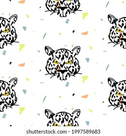 Tiger head seamless pattern with colored particles on the background. Wild leopard animal print