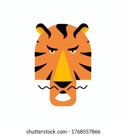 Tiger head with a serious look made in cartoon style. A predatory look at the camera. Animal icon. Mustache. Ears. Eyes. Orange. Vector illustration on an isolated white background.