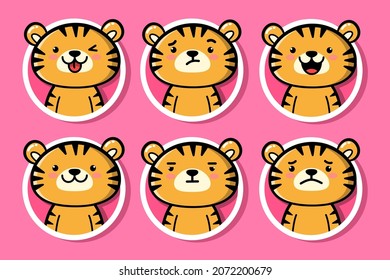 Tiger head set. Cute baby tiger character in kawaii style. Cartoon tiger face with different facial expressions. Tiger icons, mascot, avatars.