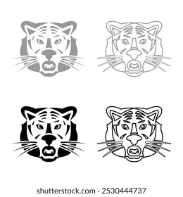 Tiger head set icon grey black color vector illustration image solid fill outline contour line thin flat style