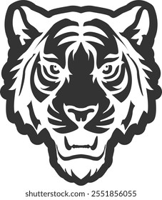 Tiger head silhouette with black outline. Tiger head patch and print. Roaring tiger head black icon.