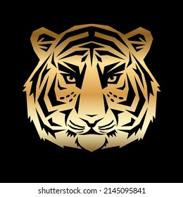 Tiger head silhouette. Gold silhouette of a stylized tiger muzzle on a black background. Can be used as a logo, a mascot or a t-short print. Vector 10 EPS.