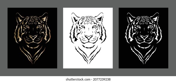Tiger head silhouette. Set. Hand drawn illustration in vector. Black and white contour, gold gradient. A design element. For tattoos, t-shirts, stickers, prints, logos.