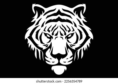 Tiger head silhouette, vector face for retro logos, emblems, badges, labels template, and t-shirt vintage design element. Isolated on black background