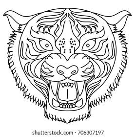 Tiger head silhouette vector isolate on white background.Line art and doodle tiger head.Cartoon tiger for coloring book or painting on shirt.