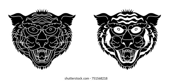 Tiger head silhouette vector isolate on white background.Line art and doodle tiger face.