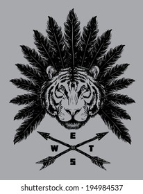 Tiger head silhouette, Vector.T-shirt graphics.Native American Indian chief headdress.Animal print design.