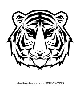 Tiger head silhouette. White silhouette of a stylized tiger muzzle with a black contour. Can be used as a logo, a mascot or a t-short print. Vector 10 EPS.