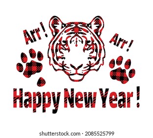 Tiger head silhouette.Happy New Year 2022.Checkered Black Red Quilt Gingham Buffalo Lumberjack Tartan Plaid Pattern Background.Sticker.Christmas sweatshirt t shirt vinyl design.Wall decor.Print decal.