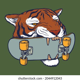 Tiger Head With Skateboard In Its Teeth Isolated Realistic Wild Animal Vector Illustration