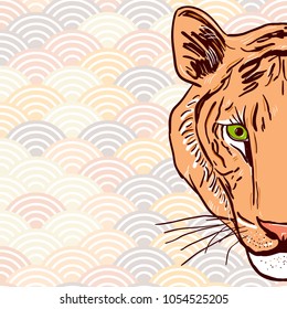 Tiger head Sketch drawing in a grey background Abstract round elements. scales beige brown gray orange simple Nature Asian wave circle pattern. Vector