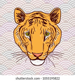 Tiger head Sketch drawing in a grey background Abstract round elements. scales beige brown gray orange simple Nature Asian wave circle pattern. Vector