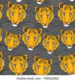 Tiger head Sketch drawing in a grey background Abstract round elements. scales simple Nature Asian wave circle seamless pattern. Vector