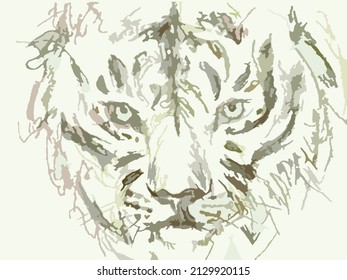 Tiger head sketch on a light background for posters or fabric products. Grunge tiger drawing in gray tonality for prints on T-shirts, textiles, fashion trends, interior solutions, covers, wallpaper