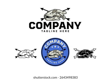 Tiger head skull with arrows crossed badge logo vector design set for wildlife, adventure, hunter. Wild tiger cranium vintage illustration emblem logo collection with colorful, outline and glyph