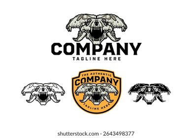 Tiger head skull with front and side view badge logo vector design set for wildlife, adventure, hunter. Wild tiger cranium vintage illustration emblem logo collection with colorful, outline and glyph
