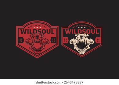 Tiger head skull retro badge logo vector design set for wildlife, hunter, adventure. Predator skull bone vintage emblem logo graphic collections. Lion cranium illustration label element designs