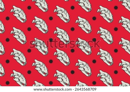 Tiger head skull side view with star pattern on red background. Predator saber skull bone with light colorful doodle isolated seamless pattern background for wildlife packaging and merchandise