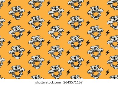 Tiger head skull with thunderbolt pattern on yellow background. Predator skull bone with lightning colorful doodle isolated seamless pattern background for wildlife packaging and merchandise