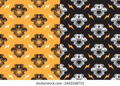 Cabeça de tigre crânio com raio rústico padrão sem costura no fundo amarelo preto. Sabre predador crânio osso com relâmpago retro doodle isolado fundo padrão para a mercadoria da vida selvagem