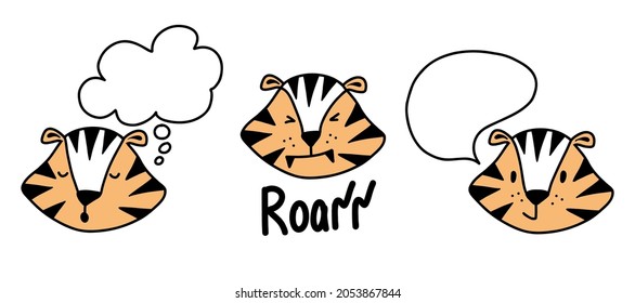 Tiger head speaks thinks growls cloud for dream for word stickers tiger emotion muzzle doodle style