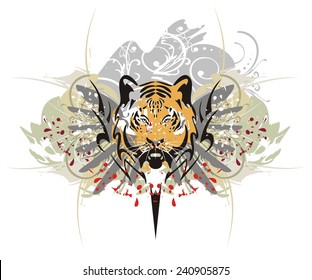 Tiger head splashes. Tribal tiger head with wings, floral elements, blood drops and splashes