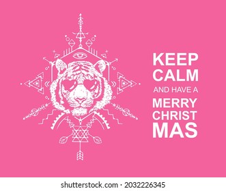 Tiger head in sunglasses. Sacred geometry. The inscription - keep calm and have a merry christmas. Detailed drawing of a tiger. Vector illustration.  Symbol of the new year 2022.