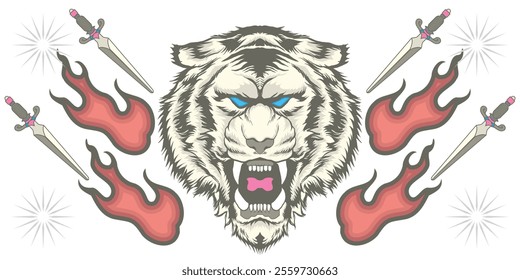 Tiger Head with Sword and Fire Concept Graphic Vector Design Illustration