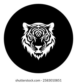 A tiger head symbol in the center. Isolated white symbol in black circle. Vector illustration on white background