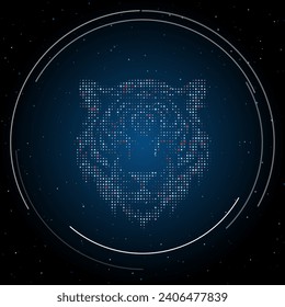 The tiger head symbol filled with white dots. Pointillism style. Some dots is red. Vector illustration on blue background with stars